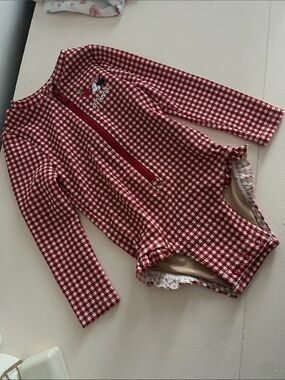 Long-Sleeve Red Gingham One-Piece Swim Suit for Kids